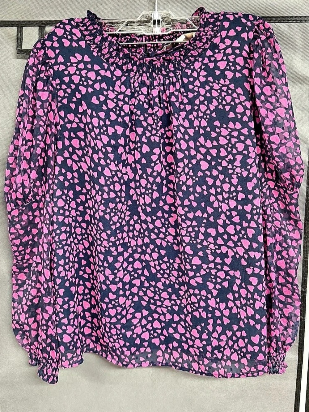 LOFT Heart Print Long Sleeve Blouse in Blue & Pink Size Medium